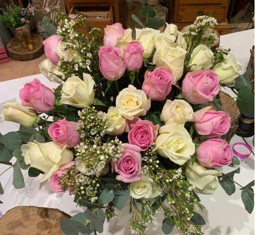 Candy Cream & Pink Roses in a Vase